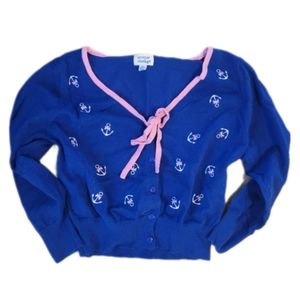 Unique Vintage Blue and Pink Anchor Bow Long Sleeve Button Down Tied Cardigan